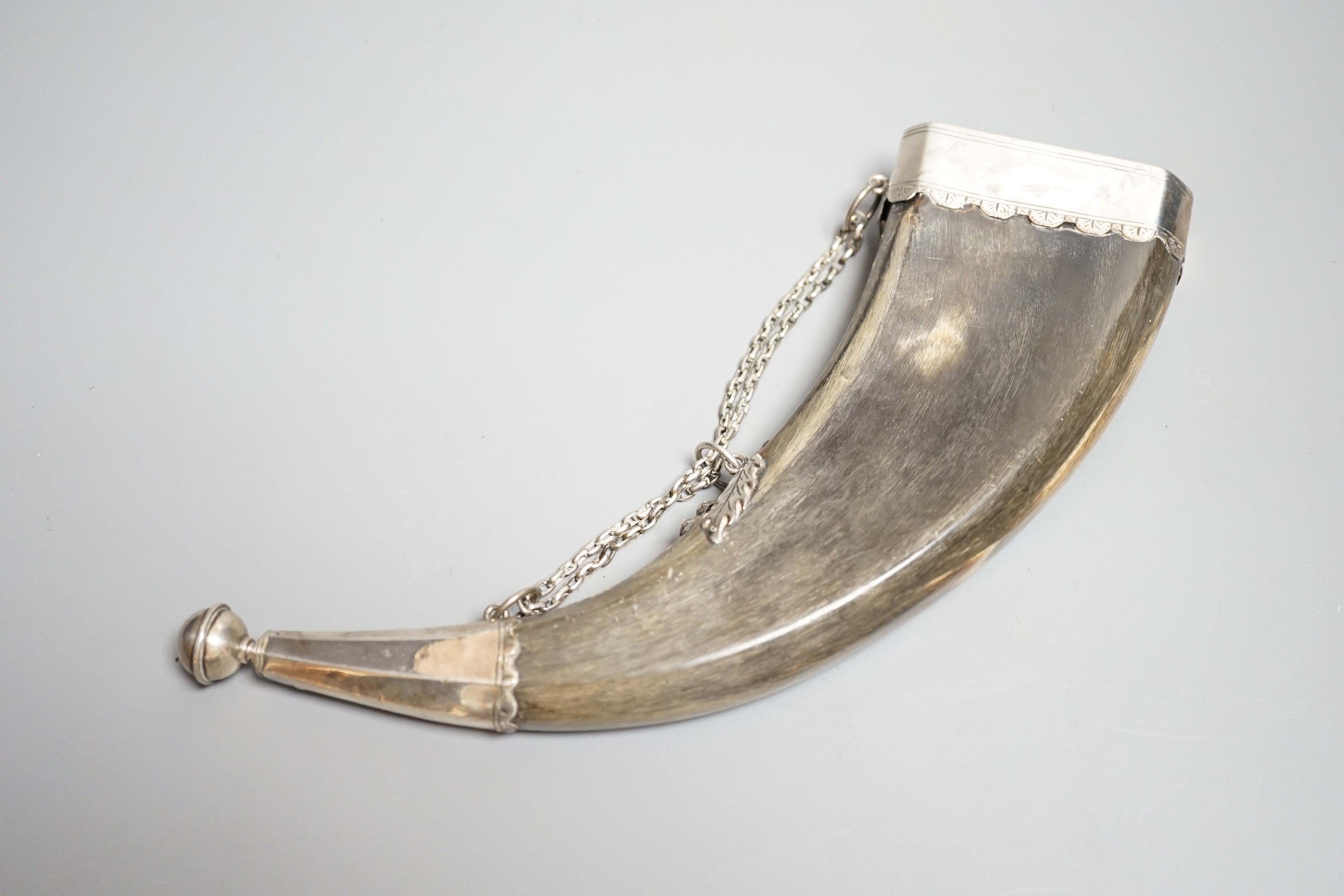 A Scottish silver mounted dress powder horn, early 19th century, engraved silver mounts (not hall marked) pierced end cap, dummy nozzle, central mount is chiseled as thistle. Length 25cms